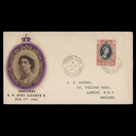 Turks & Caicos Islands 1953 (FDC) 2d Coronation, GRAND TURK