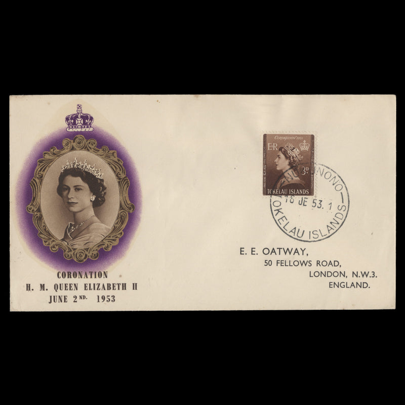 Tokelau 1953 (FDC) 3d Coronation, NUKUNONO