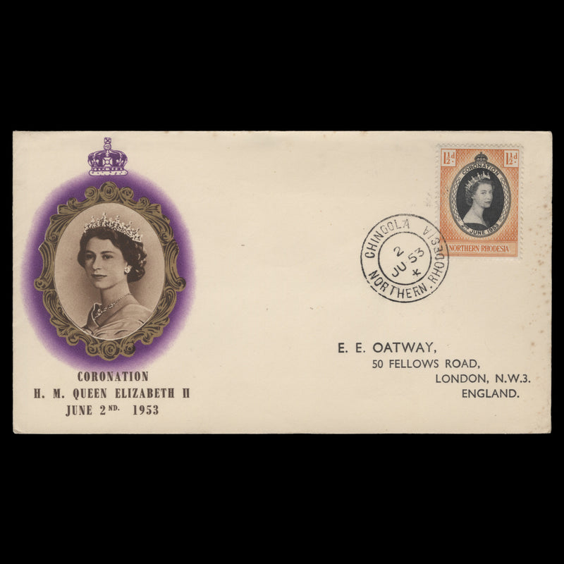 Northern Rhodesia 1953 (FDC) 1½d Coronation, CHINGOLA