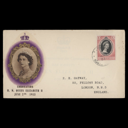 North Borneo 1953 (FDC) 10c Coronation, SANDAKAN