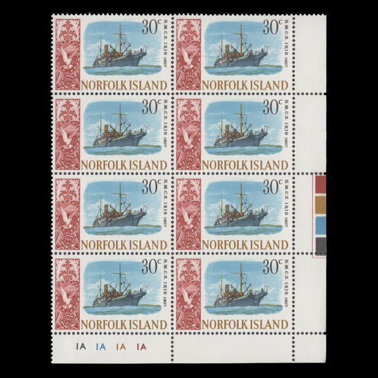 Norfolk Island 1968 (MNH) 30c HMCS Iris plate 1A–1A–1A–1A block