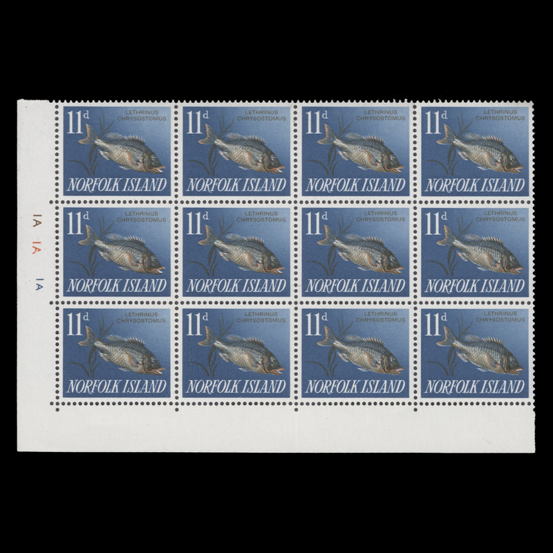 Norfolk Island 1963 (MNH) 11d Gold-Mouthed Emperor plate 1A–1A–1A block