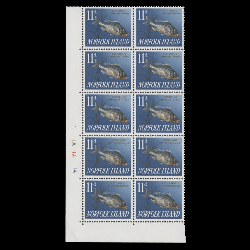 Norfolk Island 1963 (MNH) 11d Gold-Mouthed Emperor plate 1A–1A–1A block