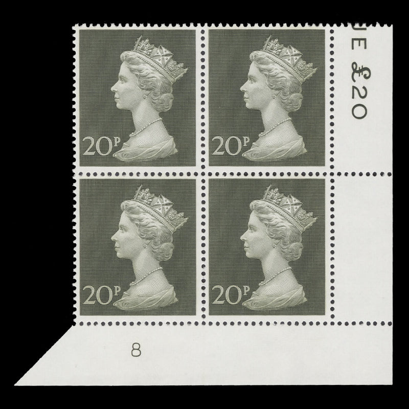 Great Britain 1970 (MNH) 20p Olive-Green plate 8 block