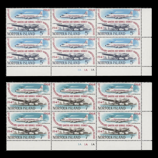 Norfolk Island 1968 (MNH) Qantas Air Service plate 1A–A–1A blocks