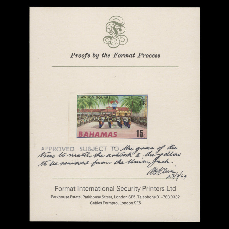 Bahamas 1969 Rawson Square imperf proof on presentation card