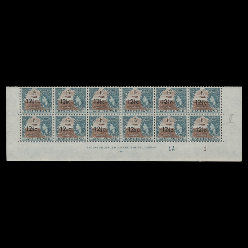 Basutoland 1961 (MNH) 12½c/1s3d Lancers Gap imprint/plate 1A–1 block, type II