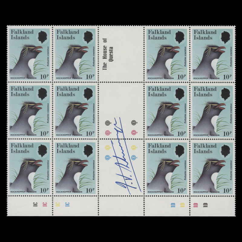 Falkland Islands 1986 (MNH) 10p Rockhopper Penguin block signed by Ian Strange