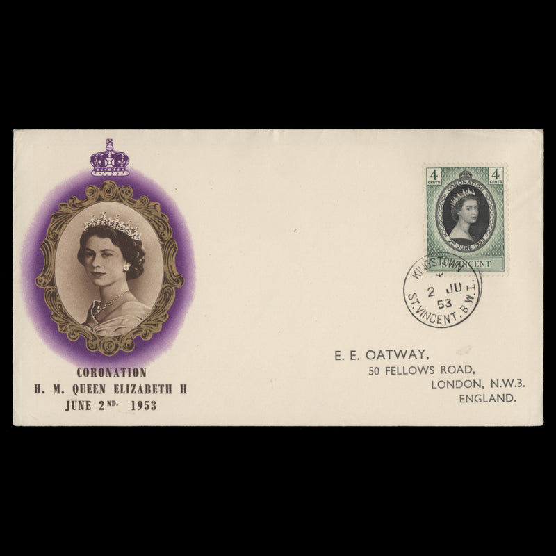 Saint Vincent 1953 (FDC) 4c Coronation, KINGSTOWN