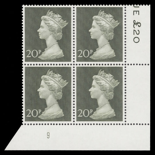 Great Britain 1970 (MNH) 20p Olive-Green plate 9 block