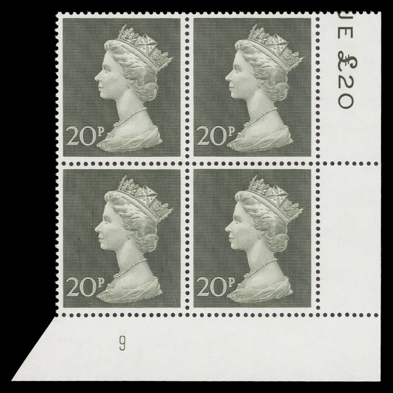 Great Britain 1970 (MNH) 20p Olive-Green plate 9 block
