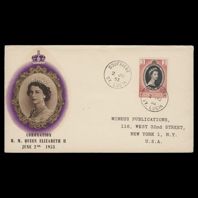 Saint Lucia 1953 (FDC) 3c Coronation, SOUFRIERE