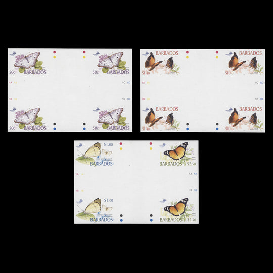 Barbados 2005 Butterflies imperf proof cross-gutter blocks