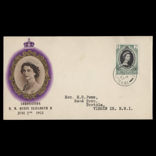 British Virgin Islands 1953 (FDC) 2c Coronation, ROAD TOWN