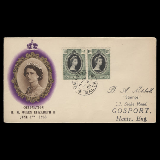 Malta 1953 (FDC) 1½d Coronation pair, VALLETTA