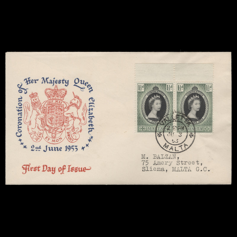 Malta 1953 (FDC) 1½d Coronation pair, VALLETTA