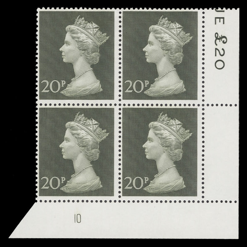 Great Britain 1970 (MNH) 20p Olive-Green plate 10 block