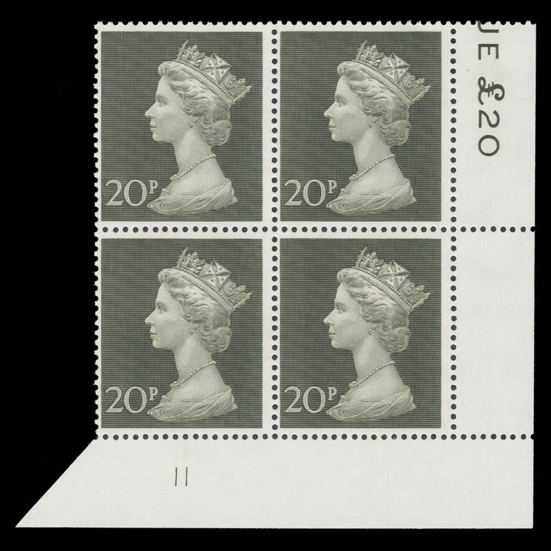 Great Britain 1970 (MNH) 20p Olive-Green plate 11 block