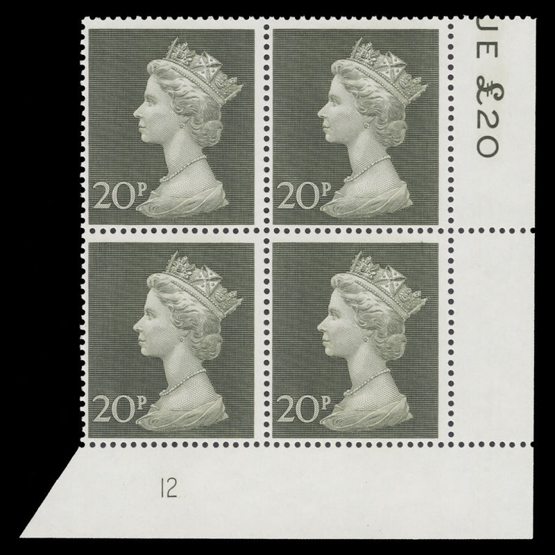 Great Britain 1970 (MNH) 20p Olive-Green plate 12 block