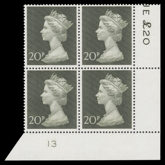 Great Britain 1970 (MNH) 20p Olive-Green plate 13 block