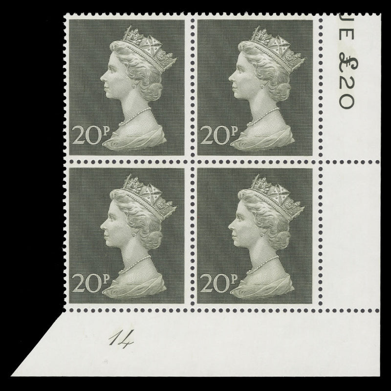 Great Britain 1970 (MNH) 20p Olive-Green plate 14 block