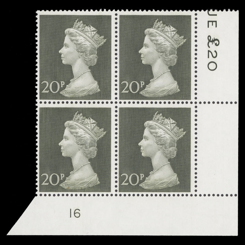 Great Britain 1970 (MNH) 20p Olive-Green plate 16 block