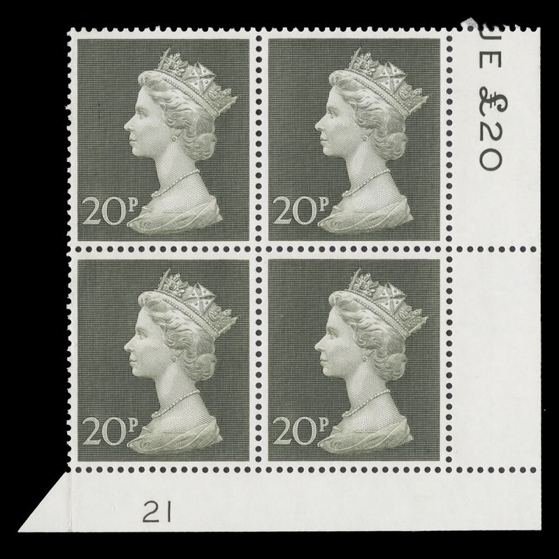Great Britain 1970 (MNH) 20p Olive-Green plate 21 block