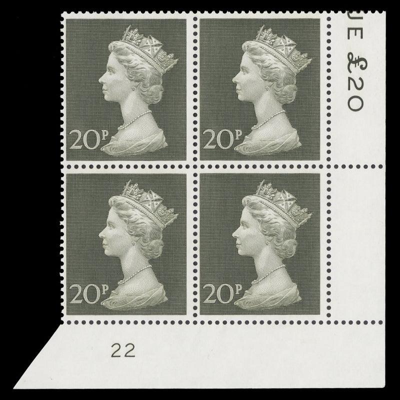 Great Britain 1970 (MNH) 20p Olive-Green plate 22 block