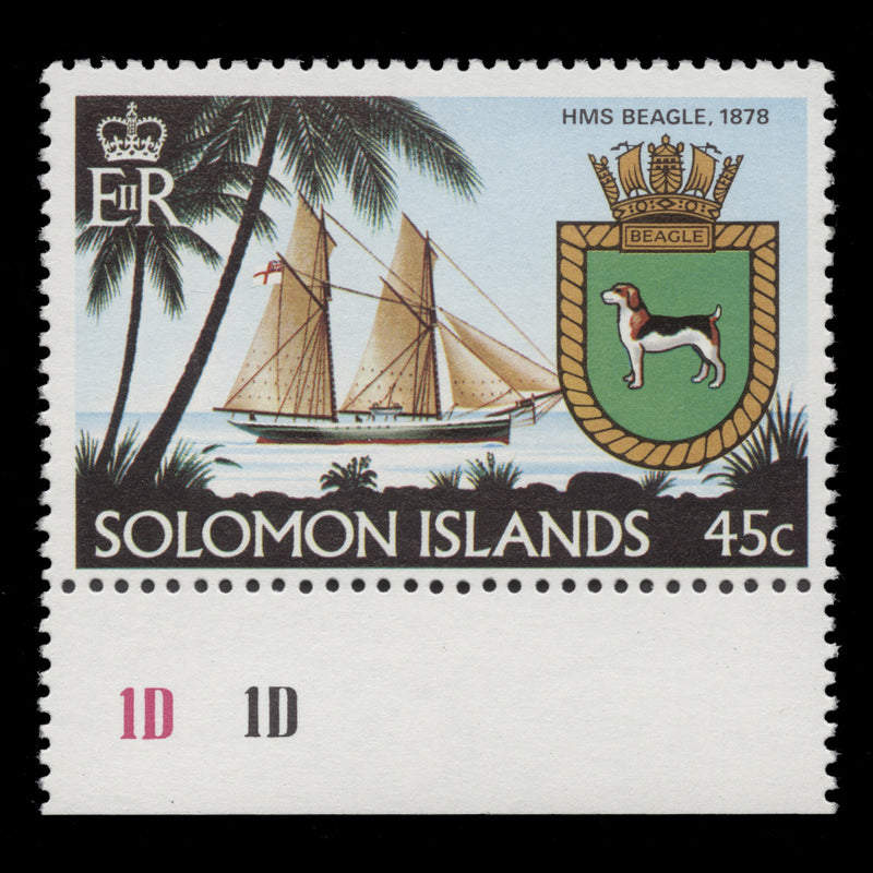 Solomon Islands 1980 (Variety) 45c HMS Beagle with watermark to right