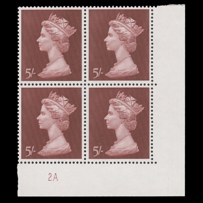 Great Britain 1969 (MNH) 5s Crimson-Lake plate 2A block