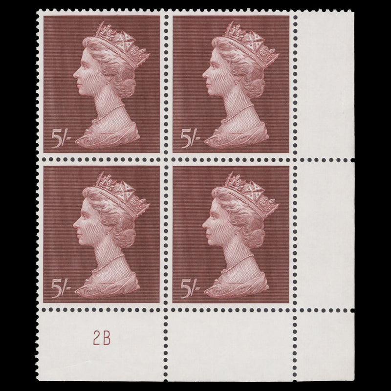 Great Britain 1969 (MNH) 5s Crimson-Lake plate 2B block