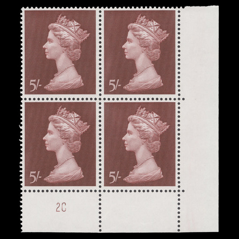 Great Britain 1969 (MNH) 5s Crimson-Lake plate 2C block