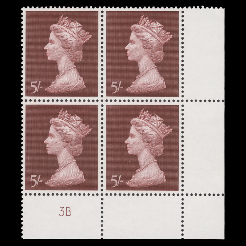 Great Britain 1969 (MNH) 5s Crimson-Lake plate 3B block