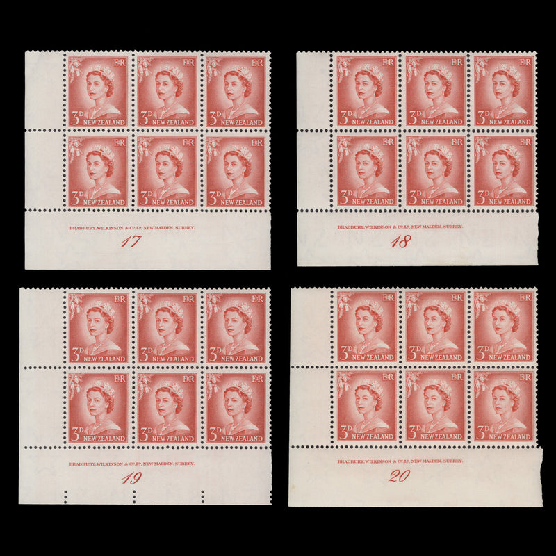 New Zealand 1959 (MNH) 3d Queen Elizabeth II imprint/plate blocks