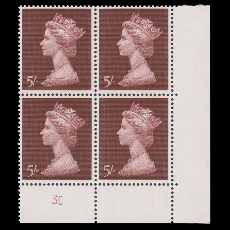 Great Britain 1969 (MNH) 5s Crimson-Lake plate 3C block