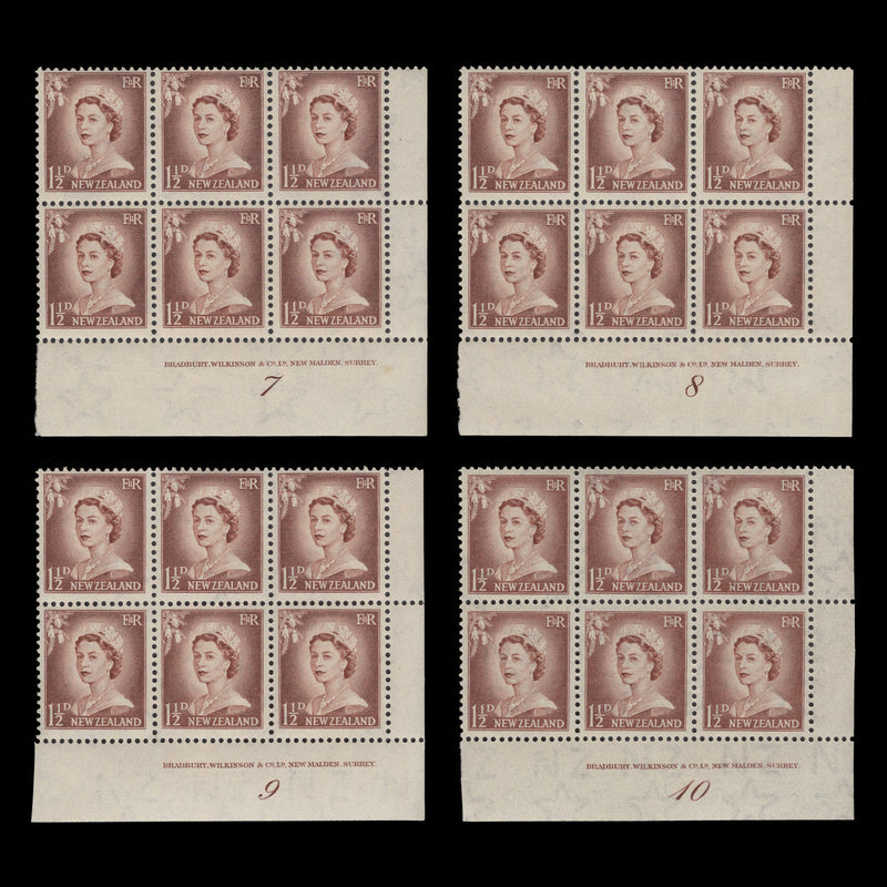 New Zealand 1955 (MLH) 1½d Queen Elizabeth II imprint/plate blocks