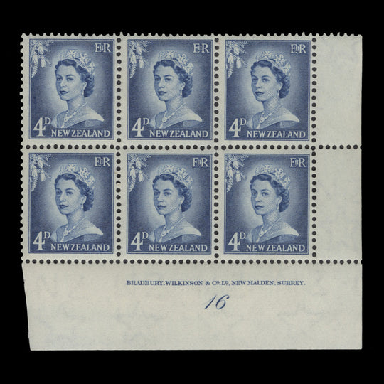 New Zealand 1958 (MNH) 4d Queen Elizabeth II imprint/plate 16 block