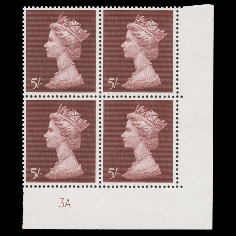 Great Britain 1969 (MNH) 5s Crimson-Lake plate 3A block