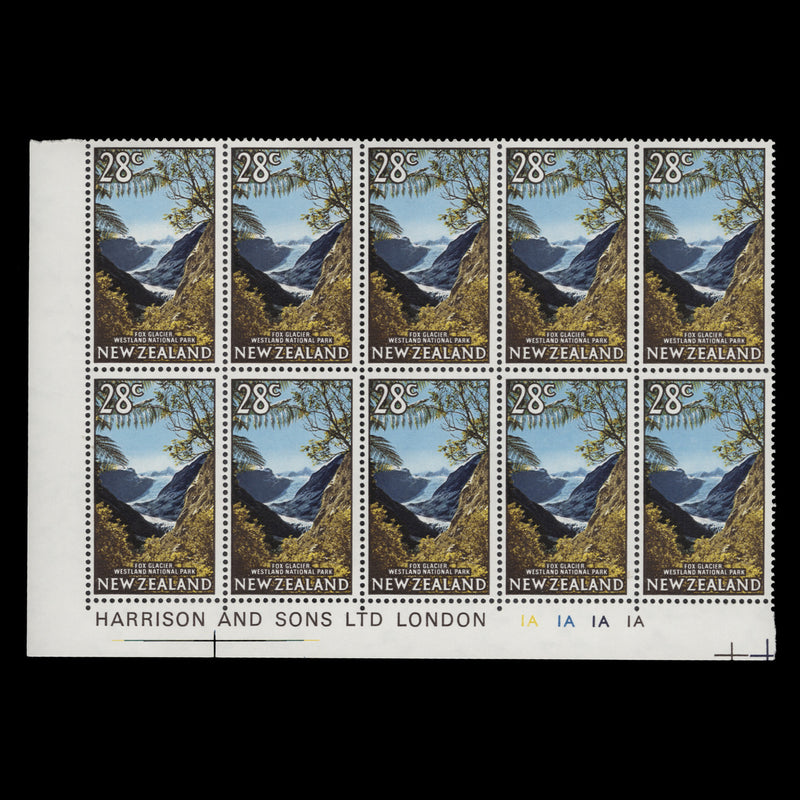 New Zealand 1968 (MNH) 28c Fox Glacier imprint/plate block