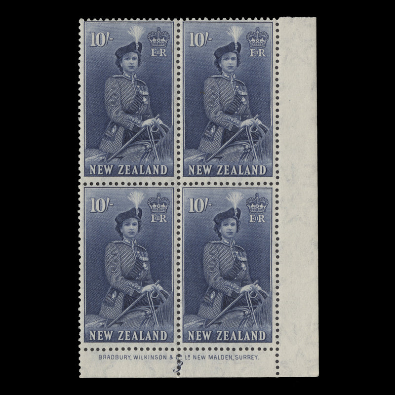 New Zealand 1954 (MLH) 10s Queen Elizabeth II imprint/plate 3 block