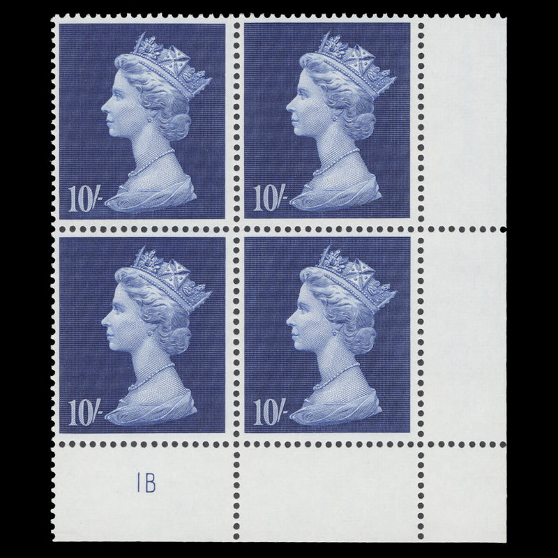 Great Britain 1969 (MNH) 10s Deep Ultramarine plate 1B block
