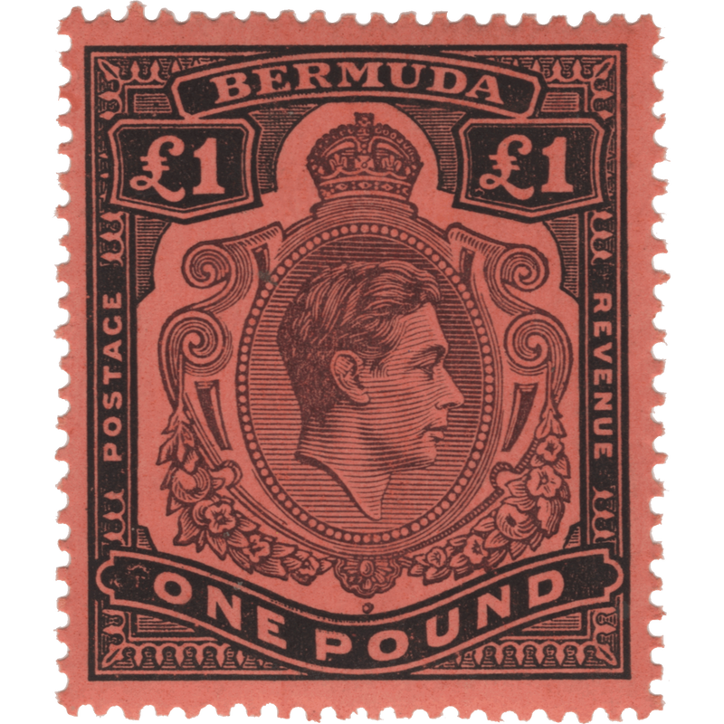 Bermuda 1943 (MLH) £1 Deep Reddish Purple & Black on Pale Red, perf 14 x 14