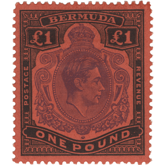 Bermuda 1951 (MMH) £1 Violet & Black on Scarlet, perf 13 x 13