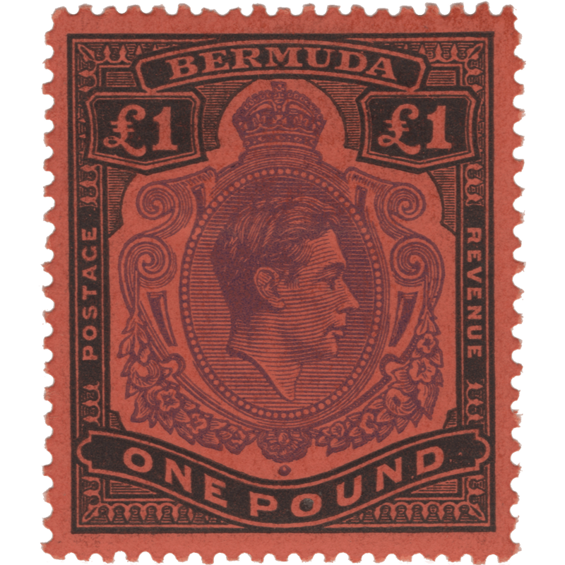 Bermuda 1951 (MMH) £1 Violet & Black on Scarlet, perf 13 x 13