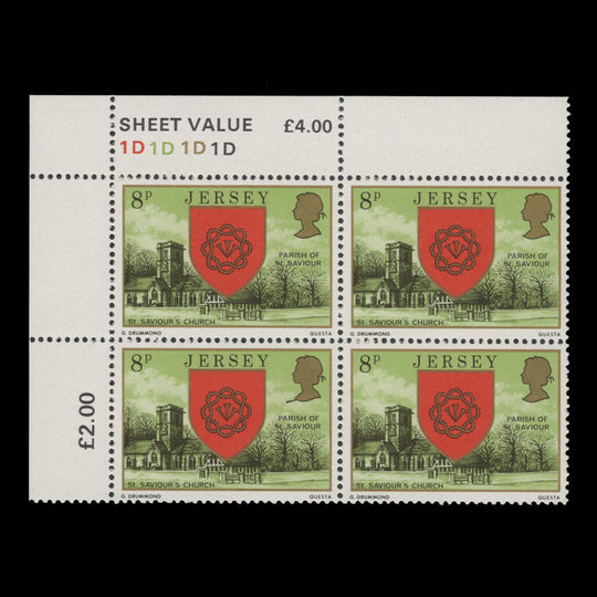 Jersey 1976 (MNH) 8p Parish Arms plate block with line flaw
