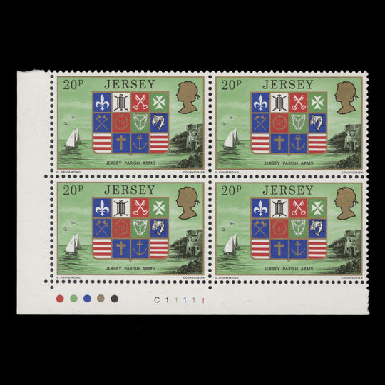 Jersey 1976 (MNH) 20p Parish Arms traffic light/plate block