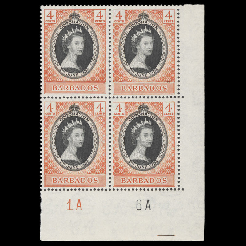 Barbados 1953 (MNH) 4c Coronation plate 1A–6A block