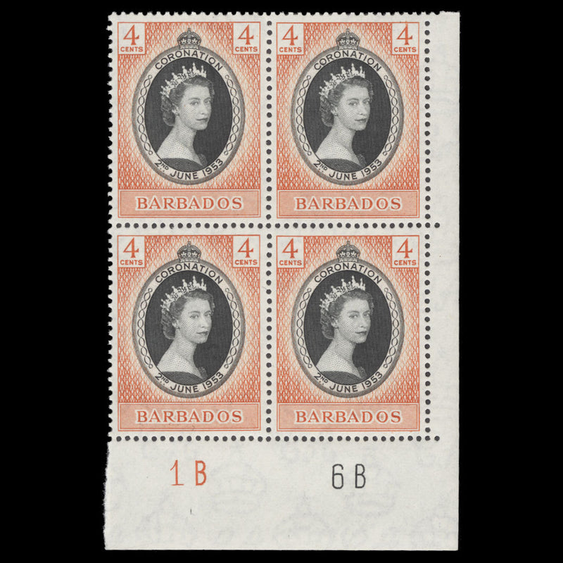 Barbados 1953 (MNH) 4c Coronation plate 1B–6B block