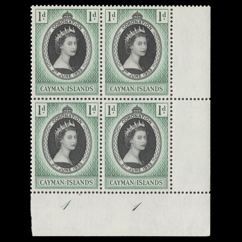 Cayman Islands 1953 (MNH) 1d Coronation plate 1–1 block