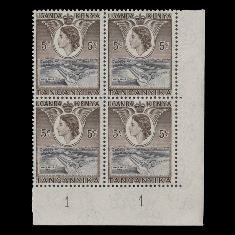 Kenya Uganda Tanganyika 1954 (MNH) 5c Owen Falls plate 1–1 block